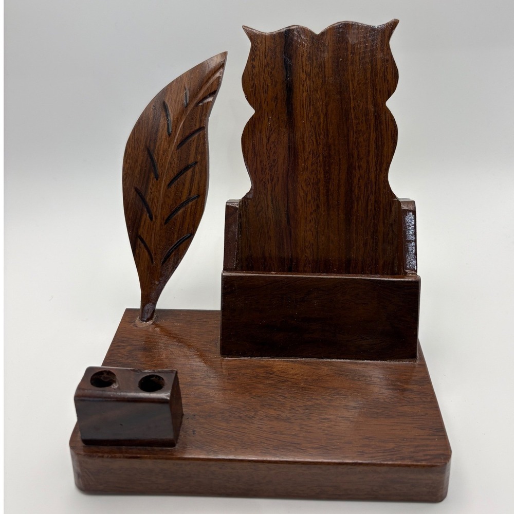 Vintage Hand Carved Wood Owl‎ Desk Organizer Mail Letter Holder Pen Caddy Folk